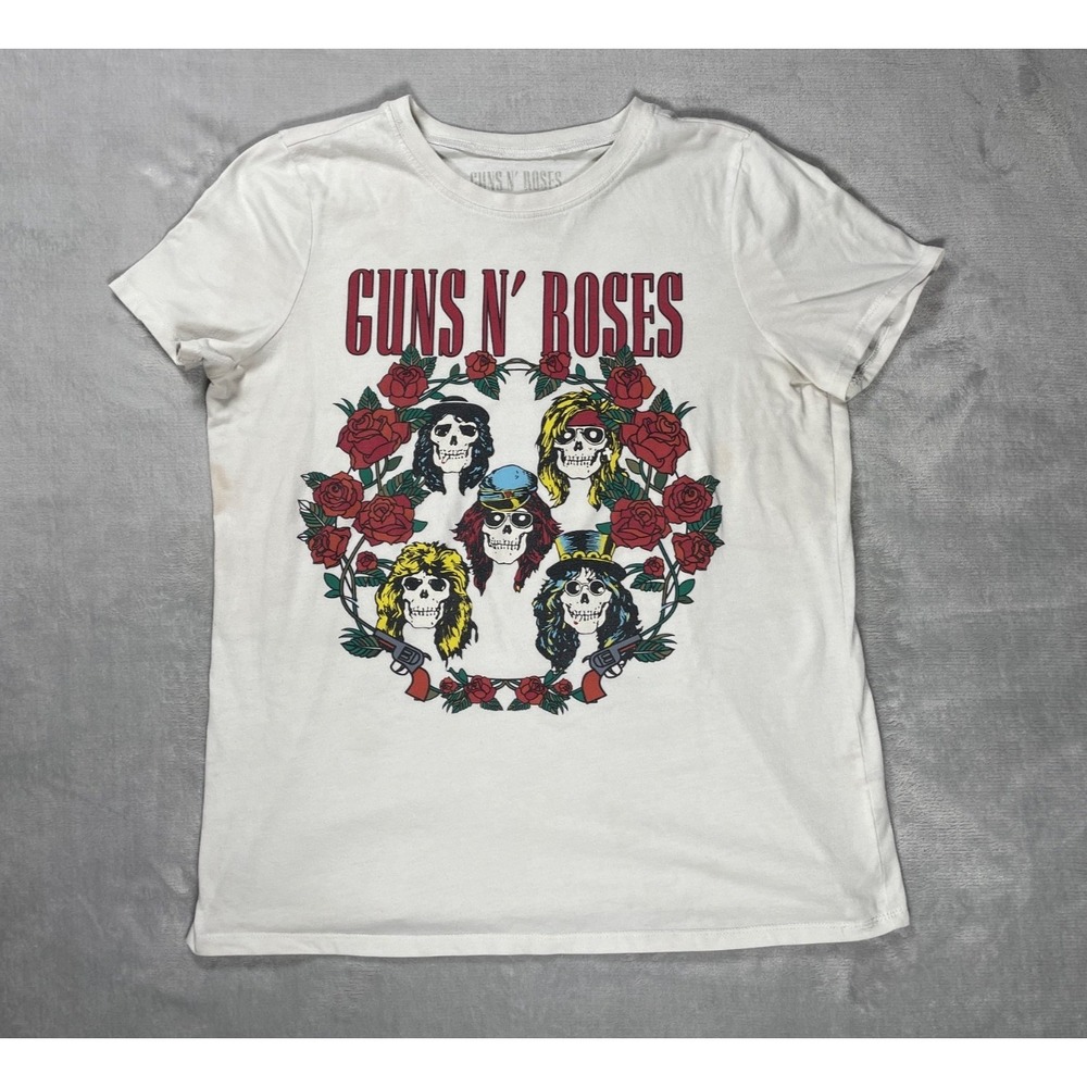 Guns N' Roses T Shirt Women's S White Skeleton Roses Band Graphic Tee Rock Music